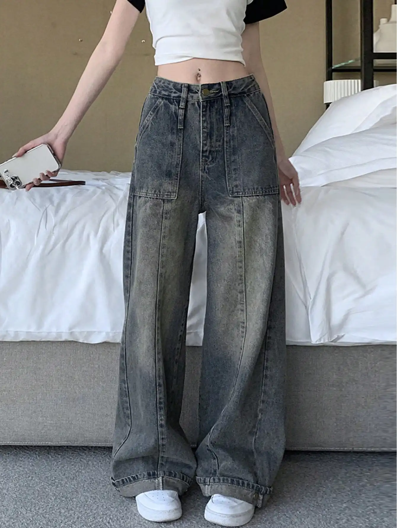 

Korean Chic Summer American Retro Washed Low-Waist Denim Floor-Length Pants Narrow Version Small Tall Wide-Leg Pants for Women