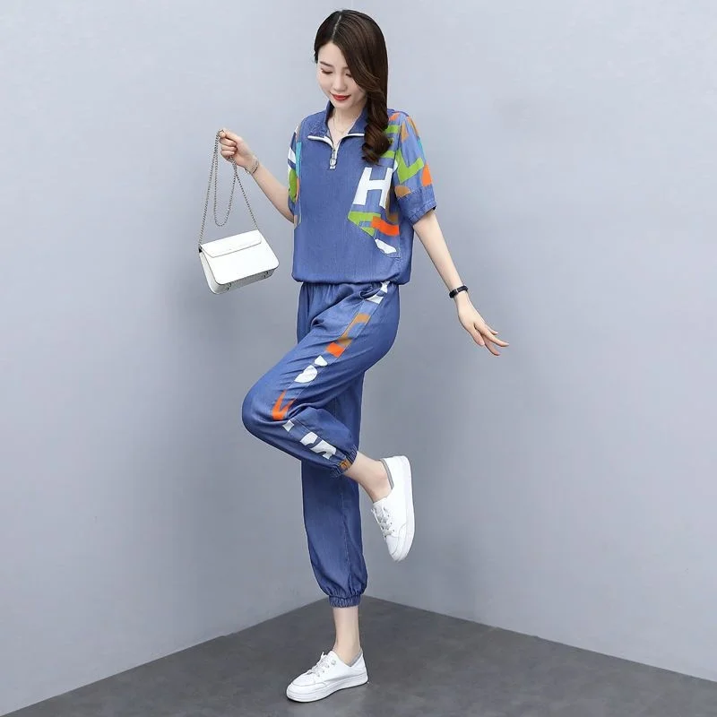 Women\'s Casual Sports Suit 2022 Spring Summer New Clothes Mercerized Denim Loose Printing Short Sleeves Tops Pants Two Piece Set