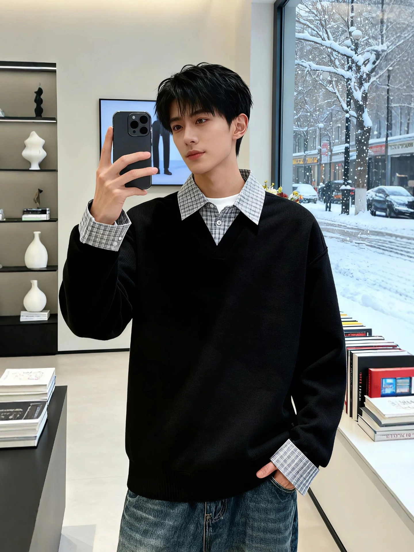 Men's Plaid Shirt Collar Faux Two-Piece Sweatshirt Long Sleeve American Style Spring High-End Casual Fashion Warmth Protection