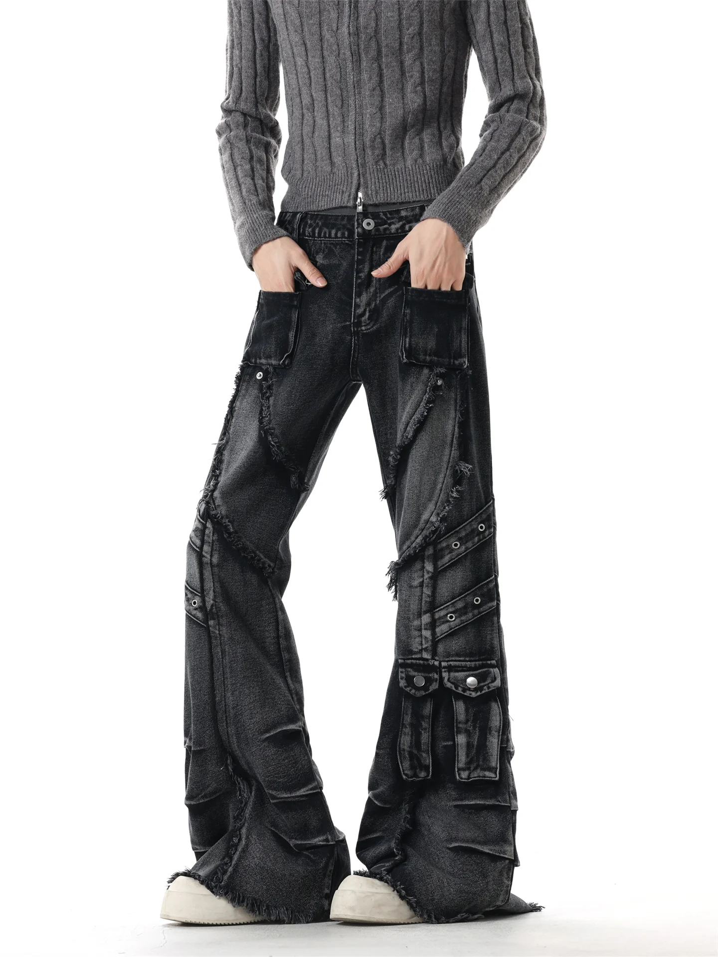 

Cultures Cool American Workwear Jeans Men Punk Street Hip Hop Waed Micro Flared Slimming Frayed Floor-Length Pants