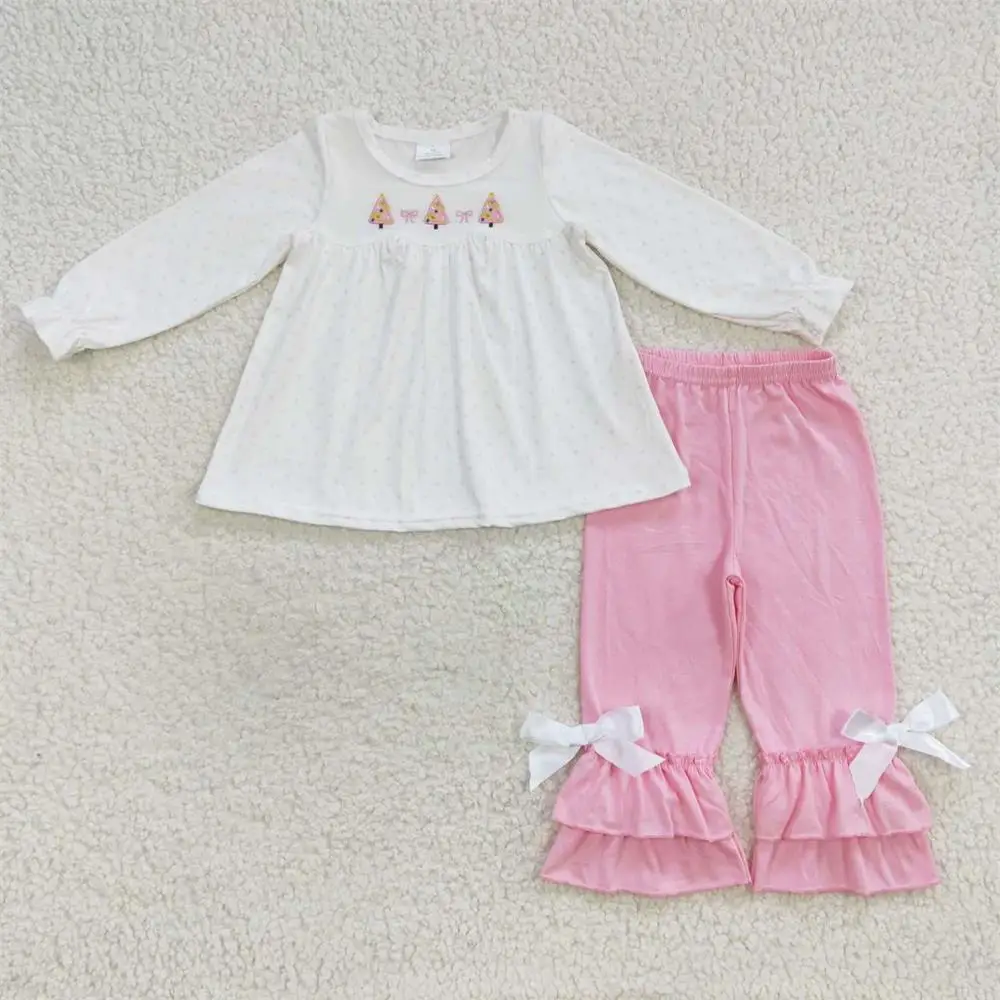 

Baby Girls Christmas Embroidery Set White Long Sleeves Tree Tunic Infant Pink Cotton Ruffle Pants Kids Children Outfit Clothes