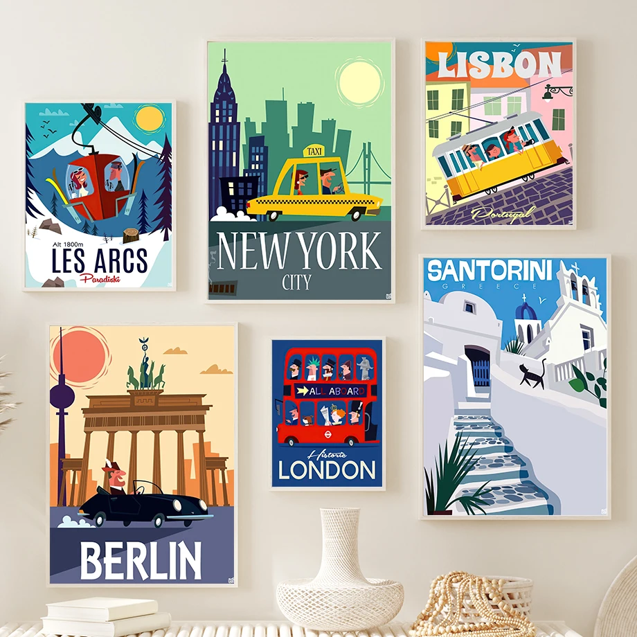 Affiches et impressions de dessins animés de villes du monde (Londres, Paris, New York) pour décoration de salon, peinture sur toile, tableau mural pour la maison
