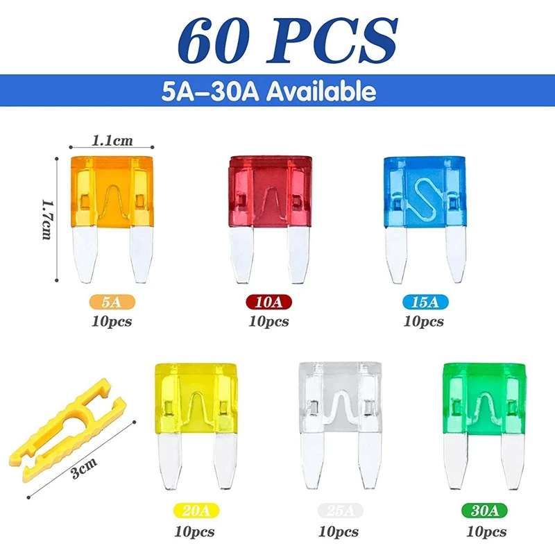 

60pcs Car Fuses Mini Auto Plug-in Fuse Assorted Auto Standard Blade Fuses Replacement Kit 5A-30A With Storage Case And Fuse Clip