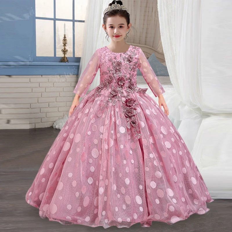 Flower Girl Wedding Party Embroidery Dresses Autumn and Winter New Long Sleeve Wave Point Flower Decoration British Dresses