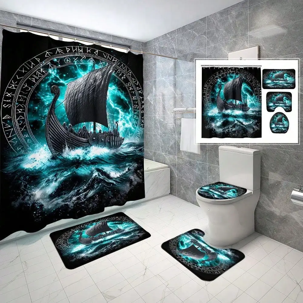 

1/4 Piece, Viking Ship in the Storm Pattern Shower Curtain Set, Shower Curtain with 6/12 Hooks, Non-Slip Bathroom, U-Shape, Toilet Cover Mat, Home Decor, Full Bathroom Set, Bathroom Decor, Gifts for Family or Friends