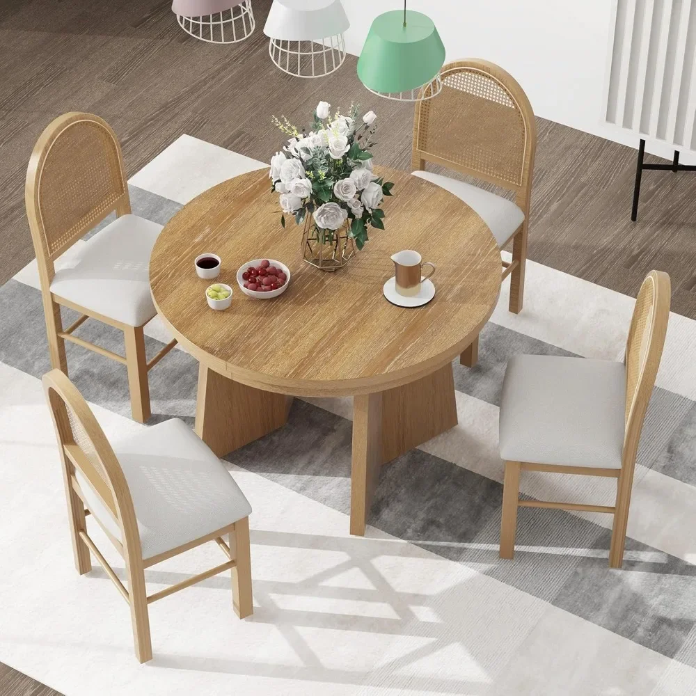 Ensemble de table à manger avec dossier en rotin, table à manger, extensible, solide, 4 chaises à pied, naturel, 7.7, 5 pièces