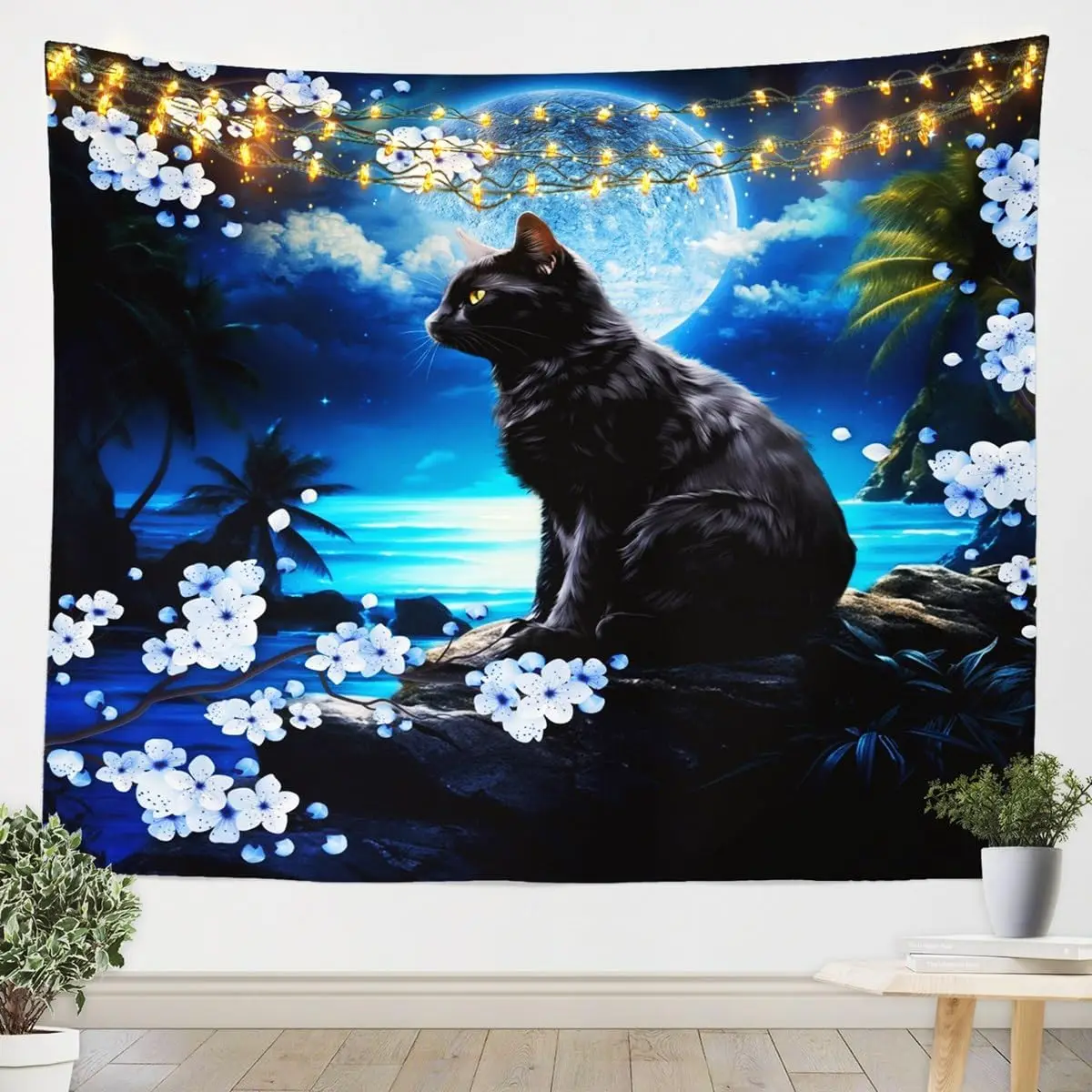 Cute Cat Tapestry,Moon Night Scenery Wall Blanket Cherry Blossom Wall Hanging Art for Kids Girls Boys Adult Room Decor