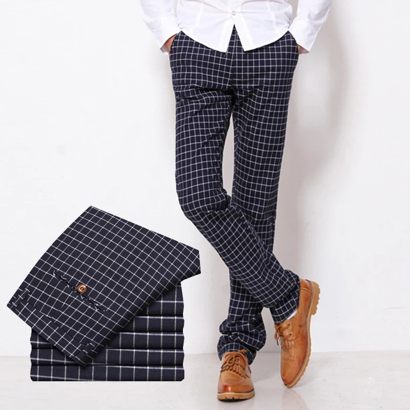 Winter England Plaid Work Stretch Pants Men Cotton Business Fashion Slim Grey Blue Casual Pant Male Jeans Brand Trouser Man