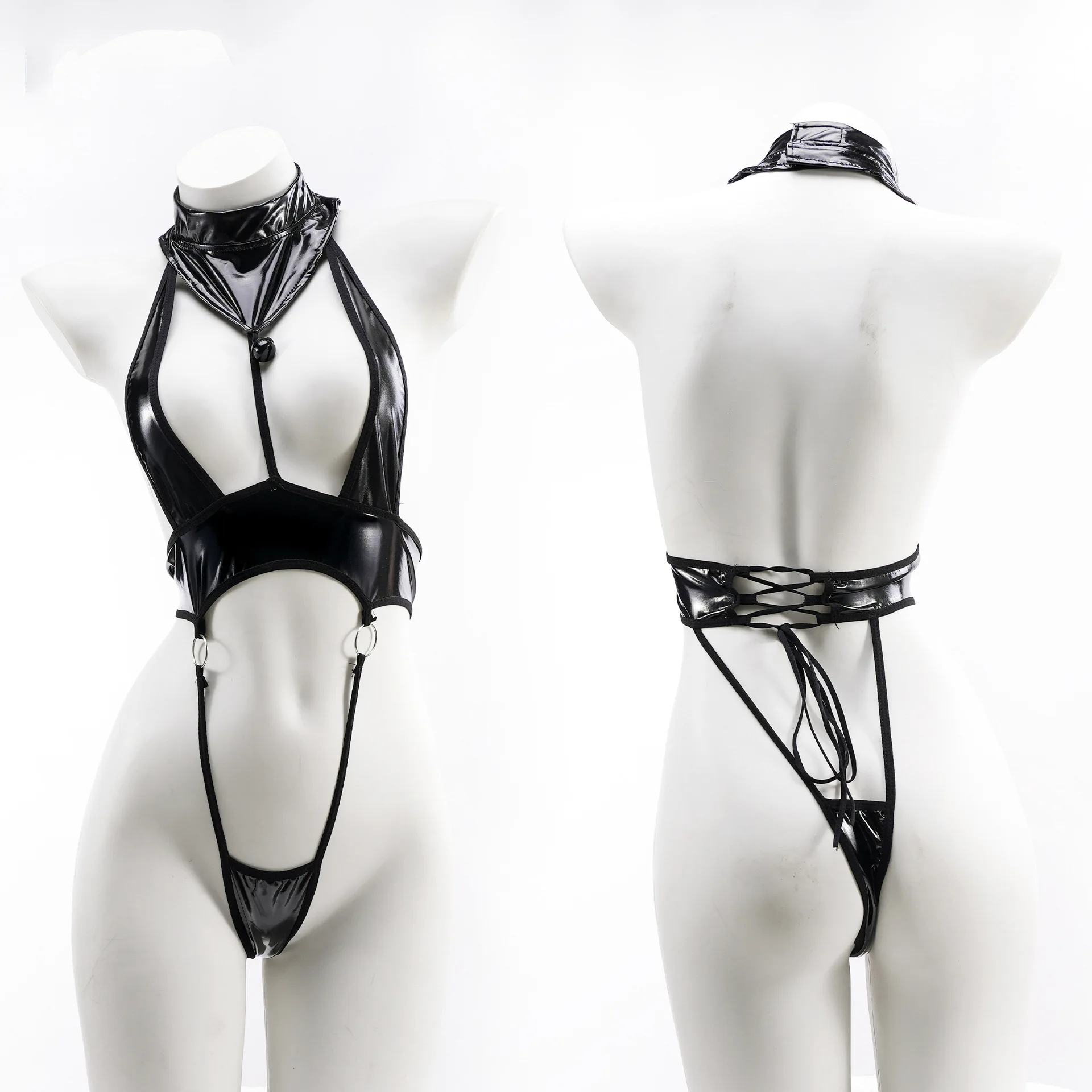 

Anime Cosplay Lingerie Halter Three Point Swimsuit Hollow Out Backless Faux Leather Catsuit Women Sexy Bodysuit Bandage Set