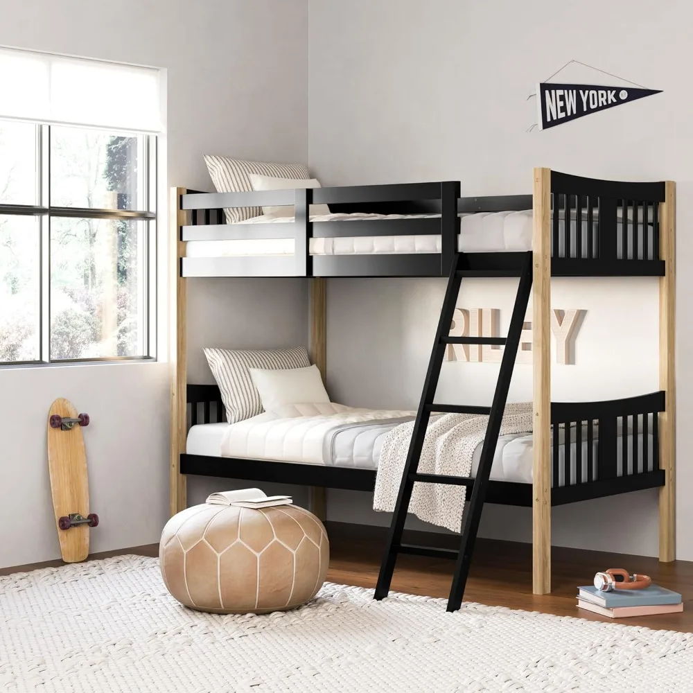 Twin-Over-Twin Bunk Bed (Black with Natual) ,Converts to 2 Individual Twin Beds