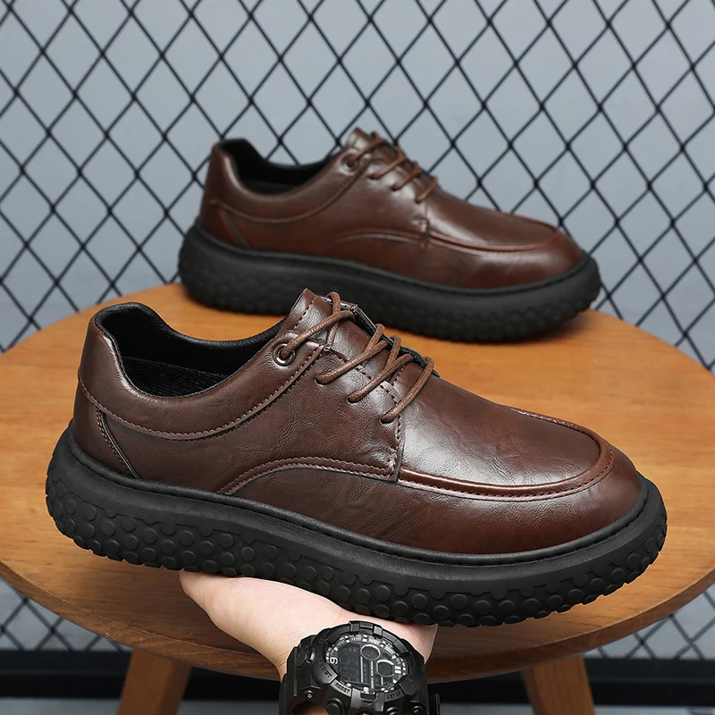 Vintage Thick-Soled Casual Shoes for Men, Lace-Up Pleated Large-Toe Shoes, Trendy Height-Increasing Platform Shoes, Non-Slip and Wear-Resistant Commuter Shoes, British Style Versatile Everyday Low-Top Shoes