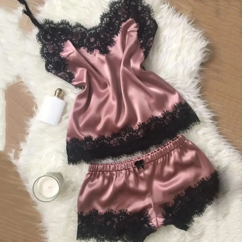 

Sexy Lace Satin Pajama Set Women Babydoll V-Neck Stretch Lingerie Bowknot Strap Vest Top Shorts Sleepwear Outfit Nightwear