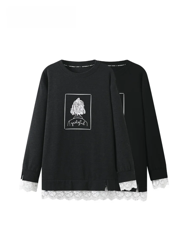 

Женская футболка размера плюс Long Sve Base irt, осень-зима, новый теплый топ с принтом для полных мм, корейские толстовки Sle...