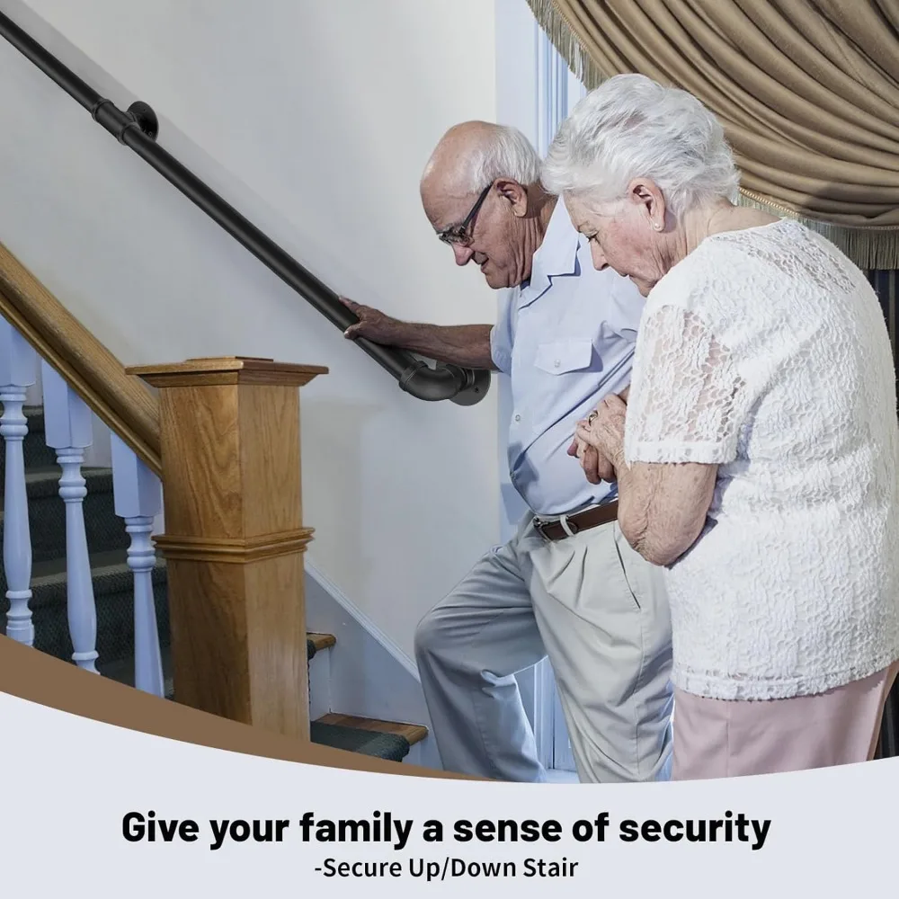 درابزين الدرج الصناعي المثبت على الحائط، بطول 10 أقدام، 1.3 متر للسلالم الداخلية، فولاذ مجلفن أسود، قضبان إمساك آمنة