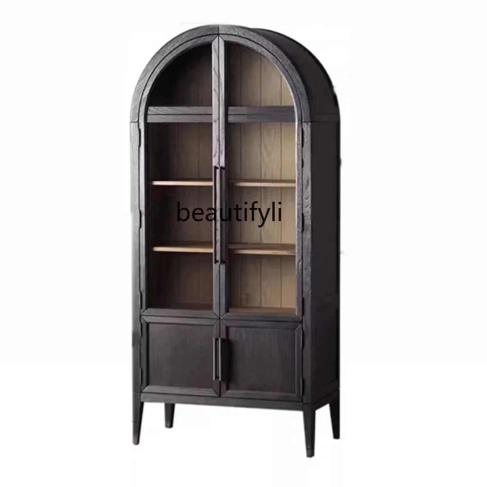 

American Light Luxury Style Solid Wood Bookcase French Retro Arch Wine Cabinet Locker