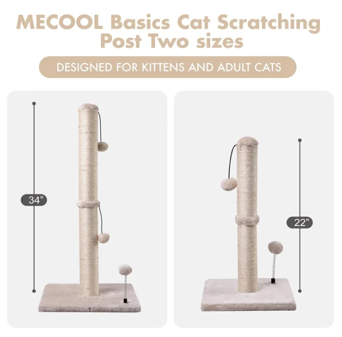 Vertical Sisal Cat Scratching Post with Dangling & Spring Plush Balls, Small Cat Tree Scratcher, Kitty Grinding Claw Toy for