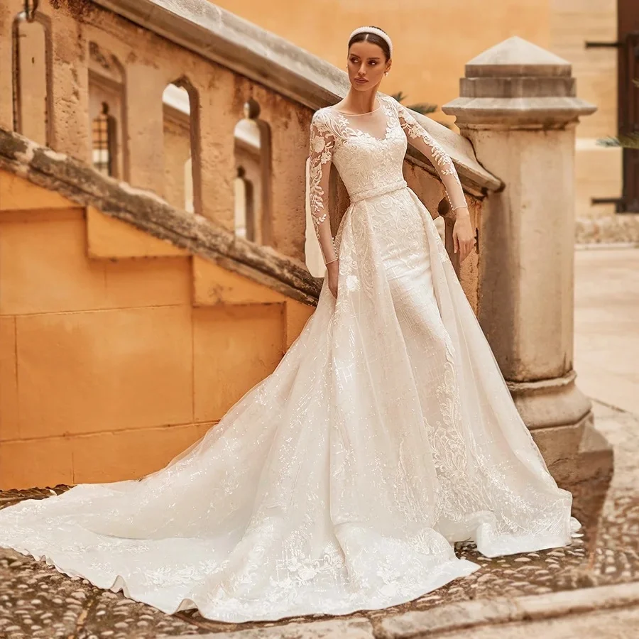 Abnehmbare Brautkleider A-Linie mit langen Ärmeln Spitze Dubai Saudi-Arabien Israel Brautkleider Vestido De Novia Maßgeschneidert