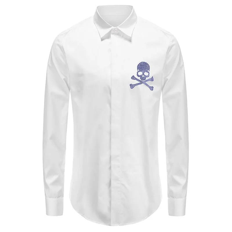 New 2021 Men luxurious Steampunk Skull Monster diamond Fashion Silk Casual Shirts Shirt high Pocket Long-sleeves S 3XL #D279