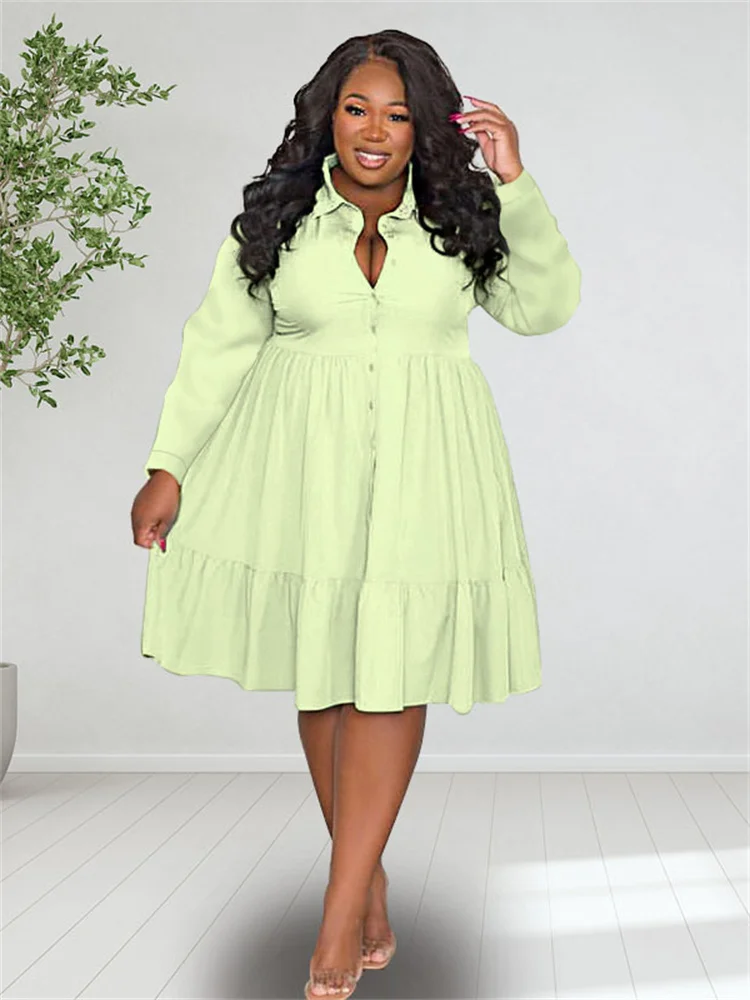 Wmstar Plus Size Dresses Women Clothing Solid Long Sleeve Elegant Casual Cute Ball Gown Shirts Mini Dress Wholesale Dropshipping