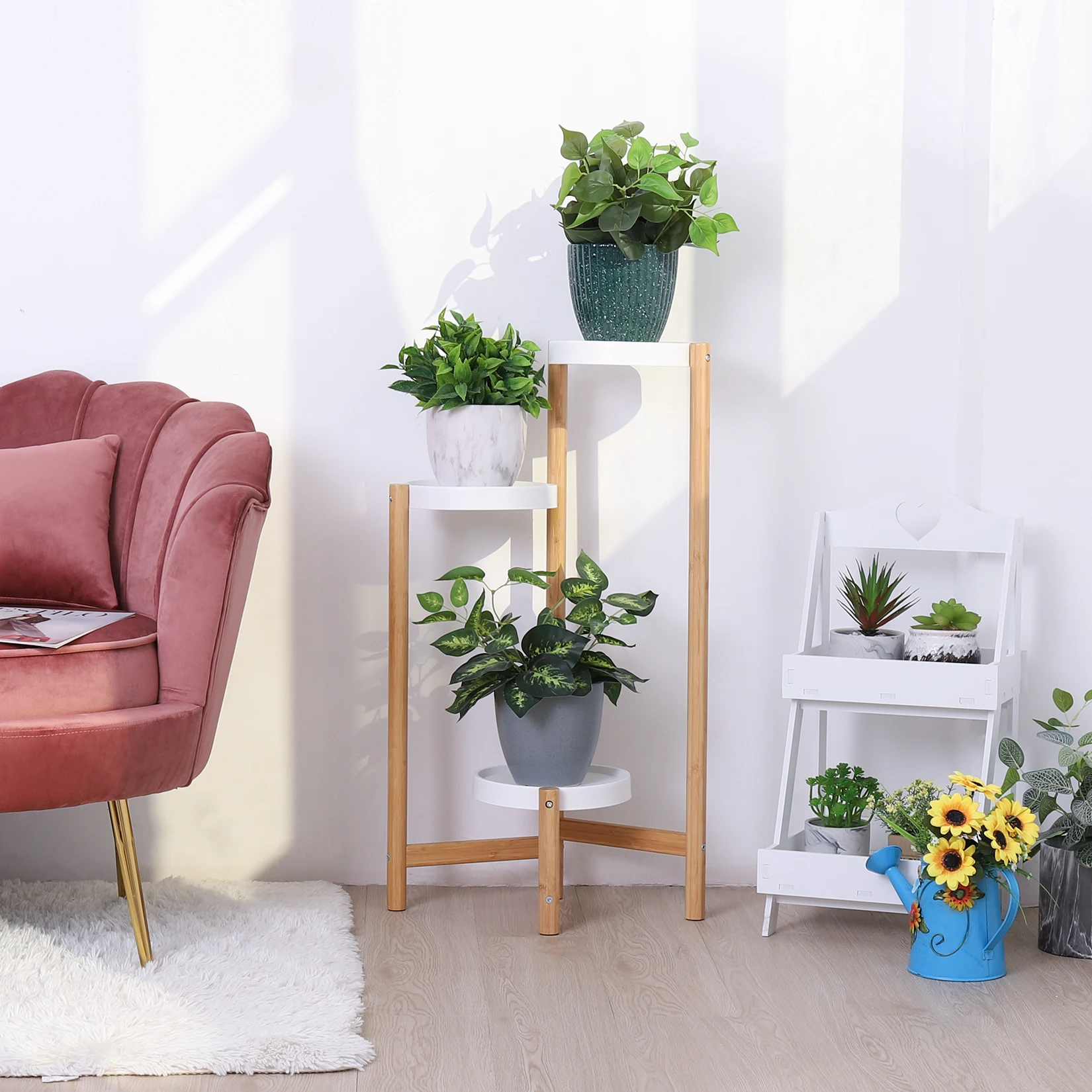 Soportes de plantas de bambú para interior, soporte de plantas de esquina alta de 3 niveles y estante de exhibición de plantas para jardín al aire libre