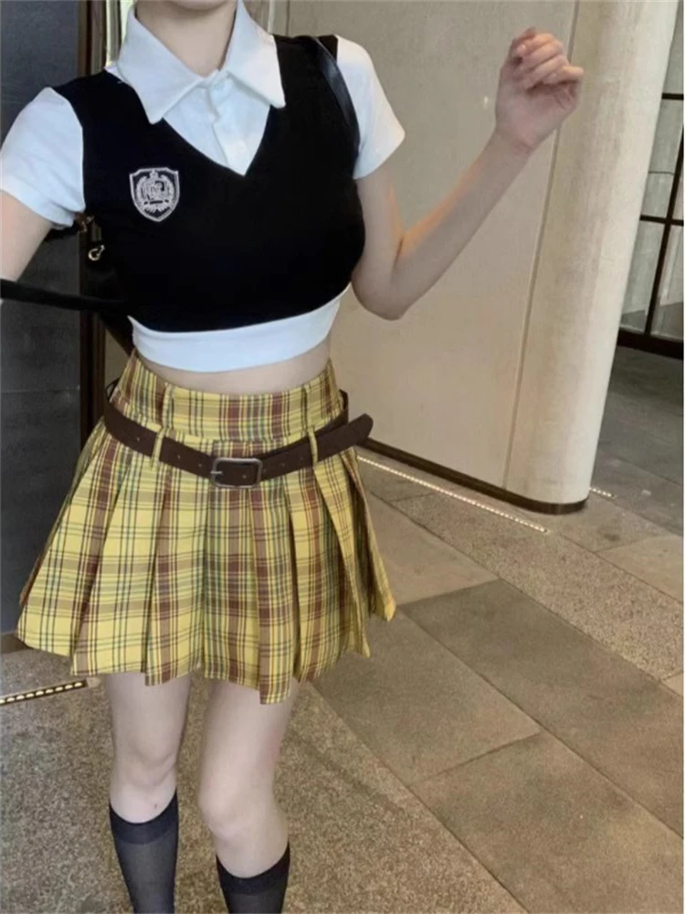 High Waist Plaid  Skirt Women's Autumn New Style Small Size Pleated Skirts American College Style Yellow Grid Skirts