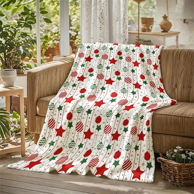 Xmas Star Bauble Flannel Blanket Warm Soft Halloween Christmas Decorative Couch Warm Cozy All-Season Gift