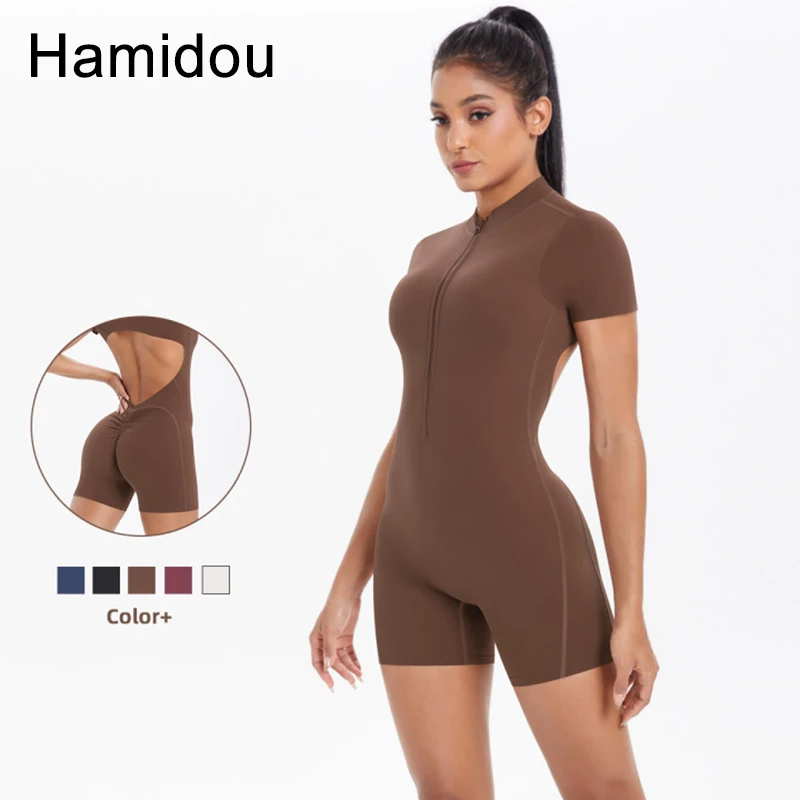 Solid Color One-Piece Fitness Bodysuit Lifting Sports High Strength Training Scrunch Women Sport Jumpsuit Half Zipper Sportswear