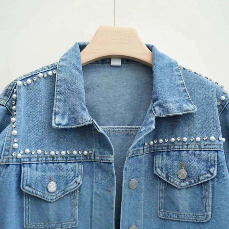 Veste en jean pour femme, printemps-automne, diamants, perles, col rabattu, simple boutonnage, coupe ample, nouvelle veste décontractée polyvalente pour femme