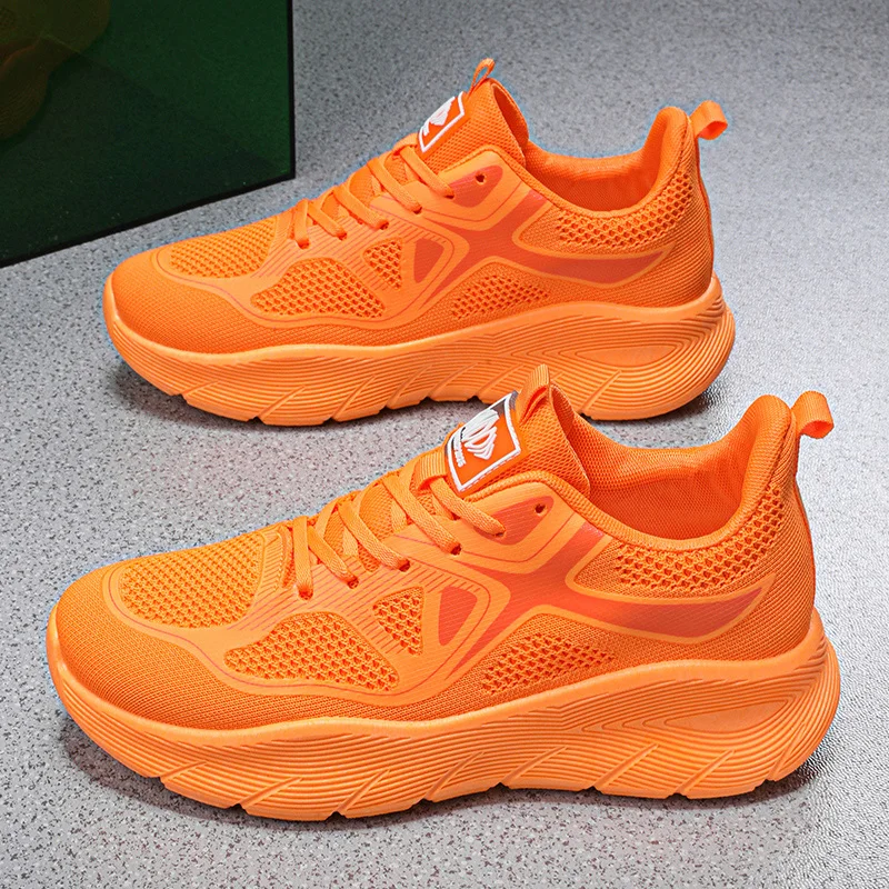 Zapatillas de correr con plataforma para hombre, zapatos informales de punto, transpirables, color naranja, antideslizantes, para deportes al aire libre