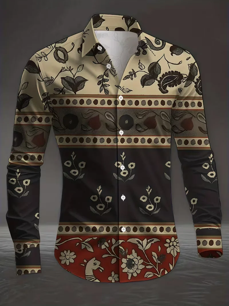 New men's Long Sleeved Flower Patterned Shirt With 3D Feather Print  Fashionable Streetwear Designer Casual Top
