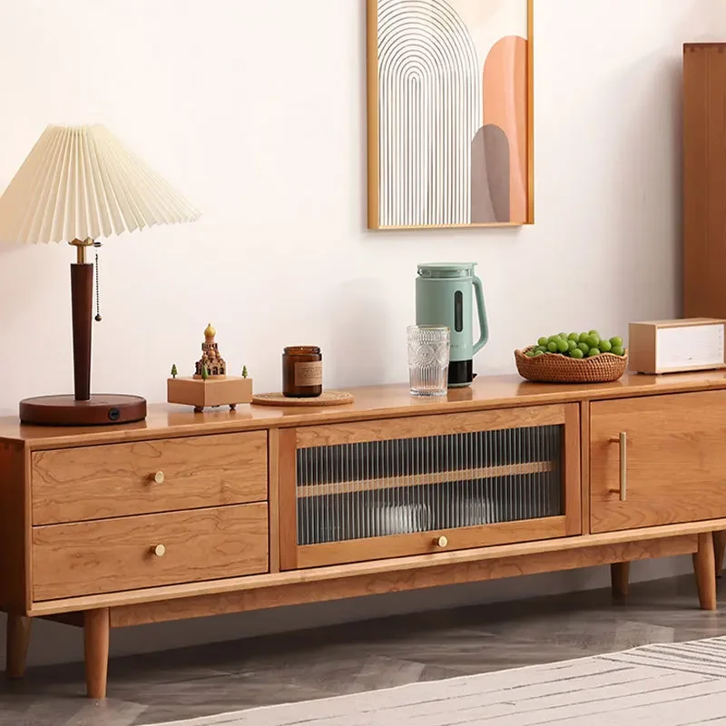 Vintage North American cherry wood solid wood TV cabinet Small apartment Japanese glass door audio-visual cabinet