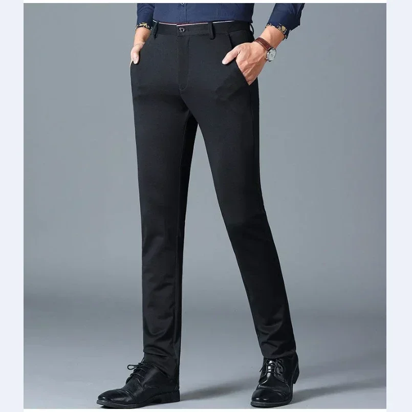 Stretch Business Formal Trousers Casual Suit Pants Straight Slim-Fit Men\'s Dress Pants Black Navy Blue Plus Size 40