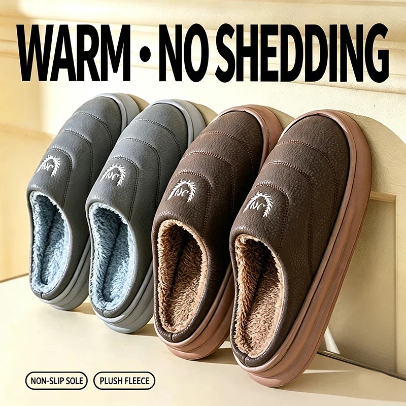 Winter Men's Cotton Slippers PU Waterproof Thick Soled Home Big Size Thick Anti-skid Plush Warm Couple Home Furry  Warm Shoes