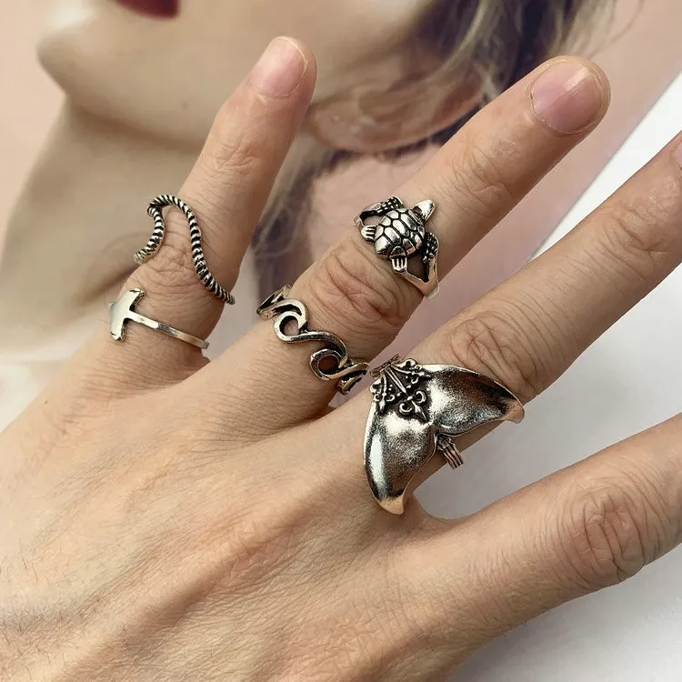 Bohemian Style Geometric Turtle Tail Fish Tail 5-Piece Set Rings Unique Popular Accessories Large Brand Fashion Jewelry