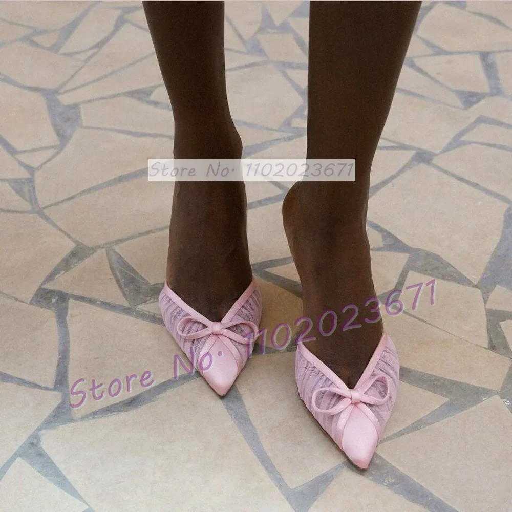 Bowknot Pointed Toe Tulle Slippers Women Elegant Satin Patchwork High Heels Shoes Female Festival Party Charming Purple Mules