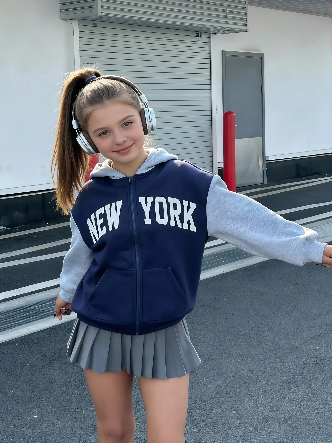 Girls' Autumn Jacket, Young Girls' Casual Color-Blocked Hooded Zip-Up Jacket, Navy Blue and Floral Gray Color-Blocking, Fashionable and Versatile, Suitable for Children Aged 5-13