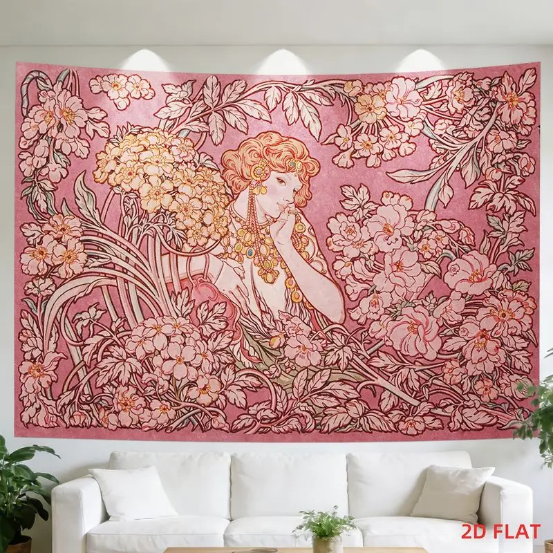 VIKAMA Mucha Retro Pink Floral Beauty Art Nouveau Tapestry Hanging Fabric Trendy Cool Wall Decoration Room Decoration