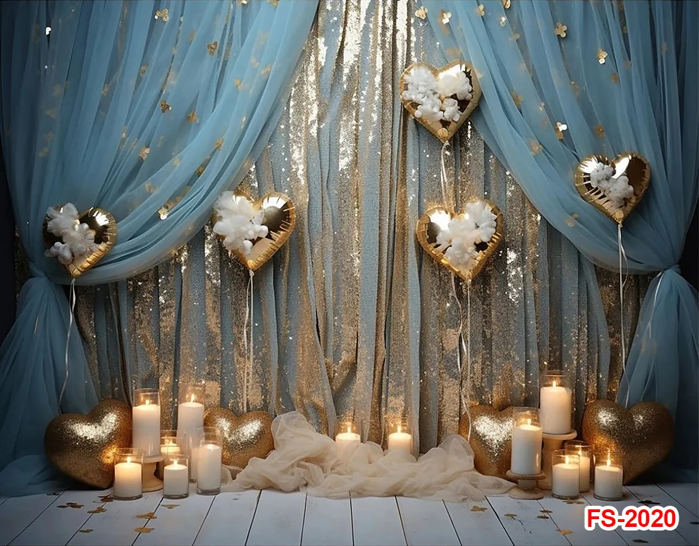 Photography Background Valentine's Day Blue Gold Heart Kids Adult Birthday Party Portrait Decor Backdrop Photo Studio