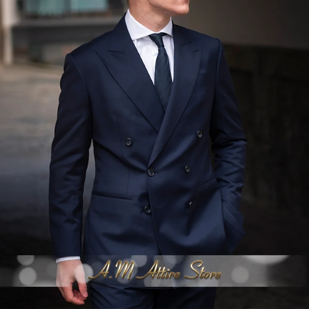 Formal men's suit in navy blue 2-piece set double breasted jacket pants attire for wedding birthday ball party tuxedo handmade