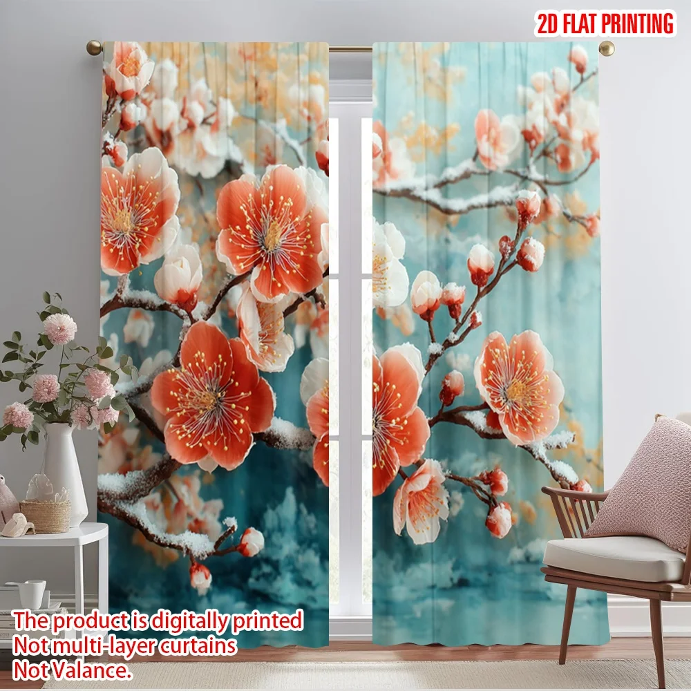 

2pcs 2D flat printing Curtains Cherry Blossom Branches Snow Fabric Without Electricity All Season Party & Holiday Decor Use for