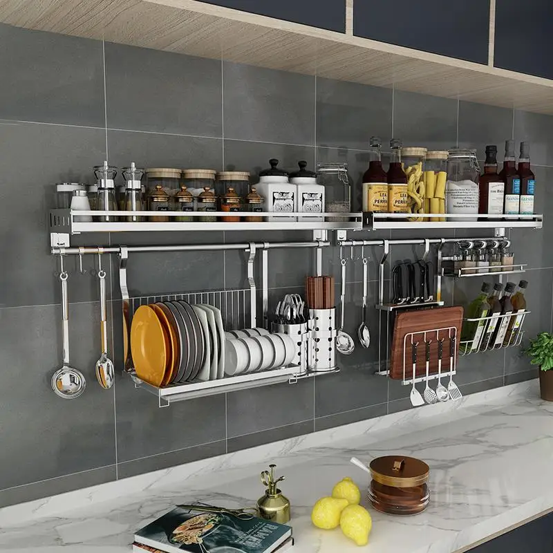 

Modern Minimalist 304 Stainless Steel Kitchen Wall Storage Rack Hanging Pot Lid Spice Holder Chopsticks Bowl Plate Organizer