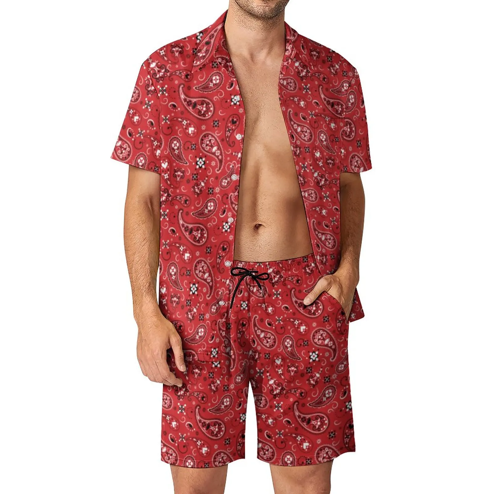 Red Paisley Print Beach Men Sets Vintage Floral Casual Shirt Set Summer Shorts 2 Piece Novelty Suit Plus Size 2XL 3XL