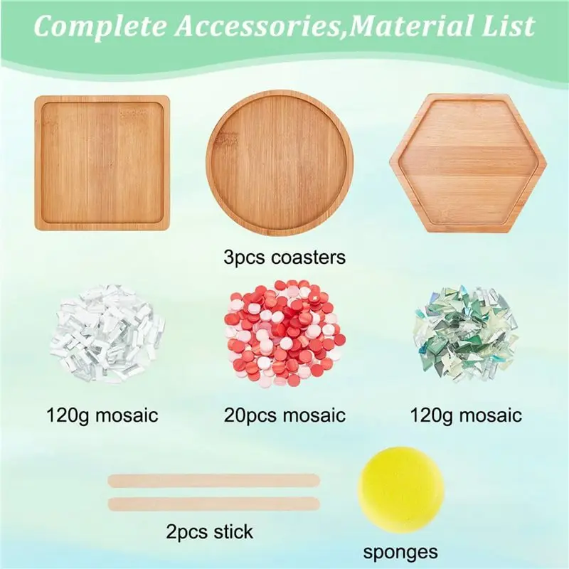 PZHI-2 Set 3 Styles DIY Mosaic Craft Set Floral Mosaic Bamboo Coaster Set For Handmade Art Home Decoration