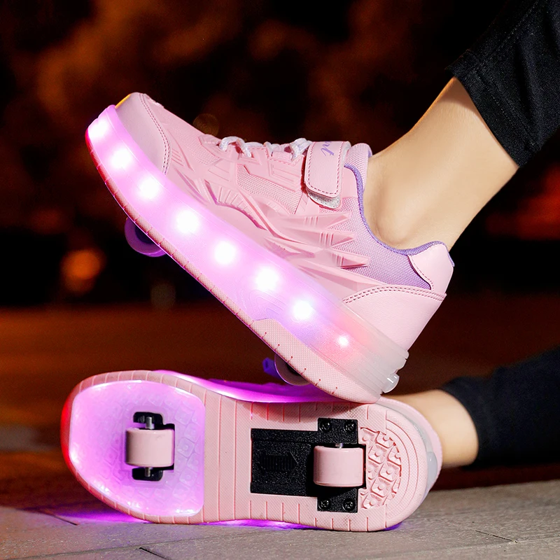 Fashion USB Charging Children LED Light Roller Skate Shoes For Kids Boys Girls Glowing Sports Luminous Sneakers With Two Wheels