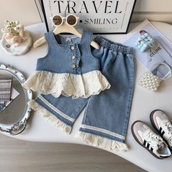 Girls' Vest Set Spring and Autumn New Fashion Sleeveless Stitching Denim Vest + Trousers Two-piece Set Girl Clothes