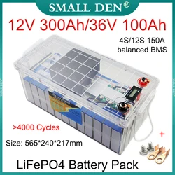 Batteria 12V 300Ah 36V 100Ah LiFePO4 4S/12S 150A balanced BMS 2000W/5800W per EV RV E-Boat Off road golf cart Inverter Solar