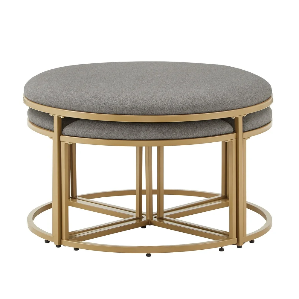 Modern Round Coffee Table with 4 Nesting Stools Multi-Functional Space Saving Upholstered Fabric Foam Padding Indoor Use Glam