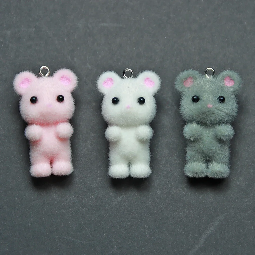 100Pcs 3D Mini Cute Flocking Mouse Charms Cartoon Stuffed Animal  Doll Resin Pendant Keychain Necklace Earring DlY Jewelry Make