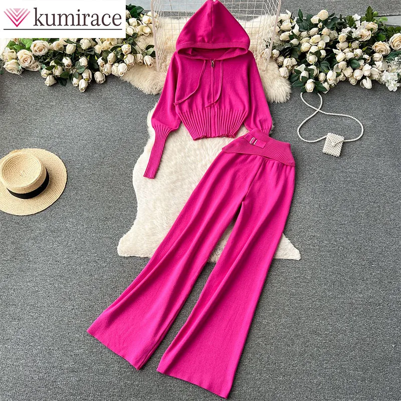 

Autumn Solid Color Design Knitted Hooded Top+high Waisted Slim Fit Pants Casual Two-piece Se for Women Matching Sets Hoodies