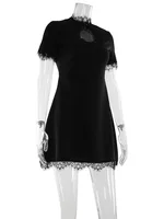 Ahagaga Sexy Women's Mini Dresses Patchwork Short Sleeves Lace Hollow Out Slim Fit Trend Baisc Turtleneck Streetwear Female Robe - Image 6